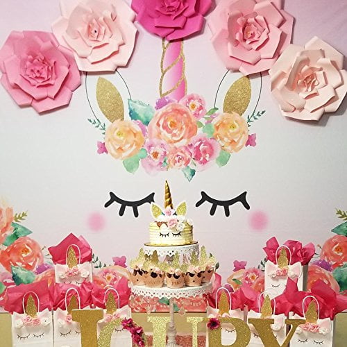 New Sweet Dreamy Unicorn Themed Rainbow Colorful Photo Studio Booth Background Props Flowers Gold Stars Cloud Princess Girl Happy Birthday Banner Watercolor Photography Backdrops 7x5ft 